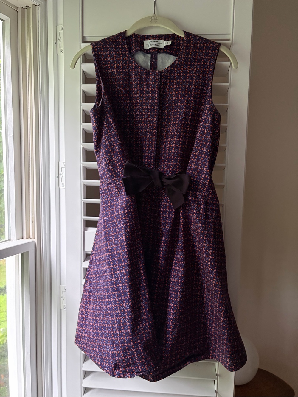 & Other Stories Navy Mini Dress with Coral Print and Black Waist Bow
